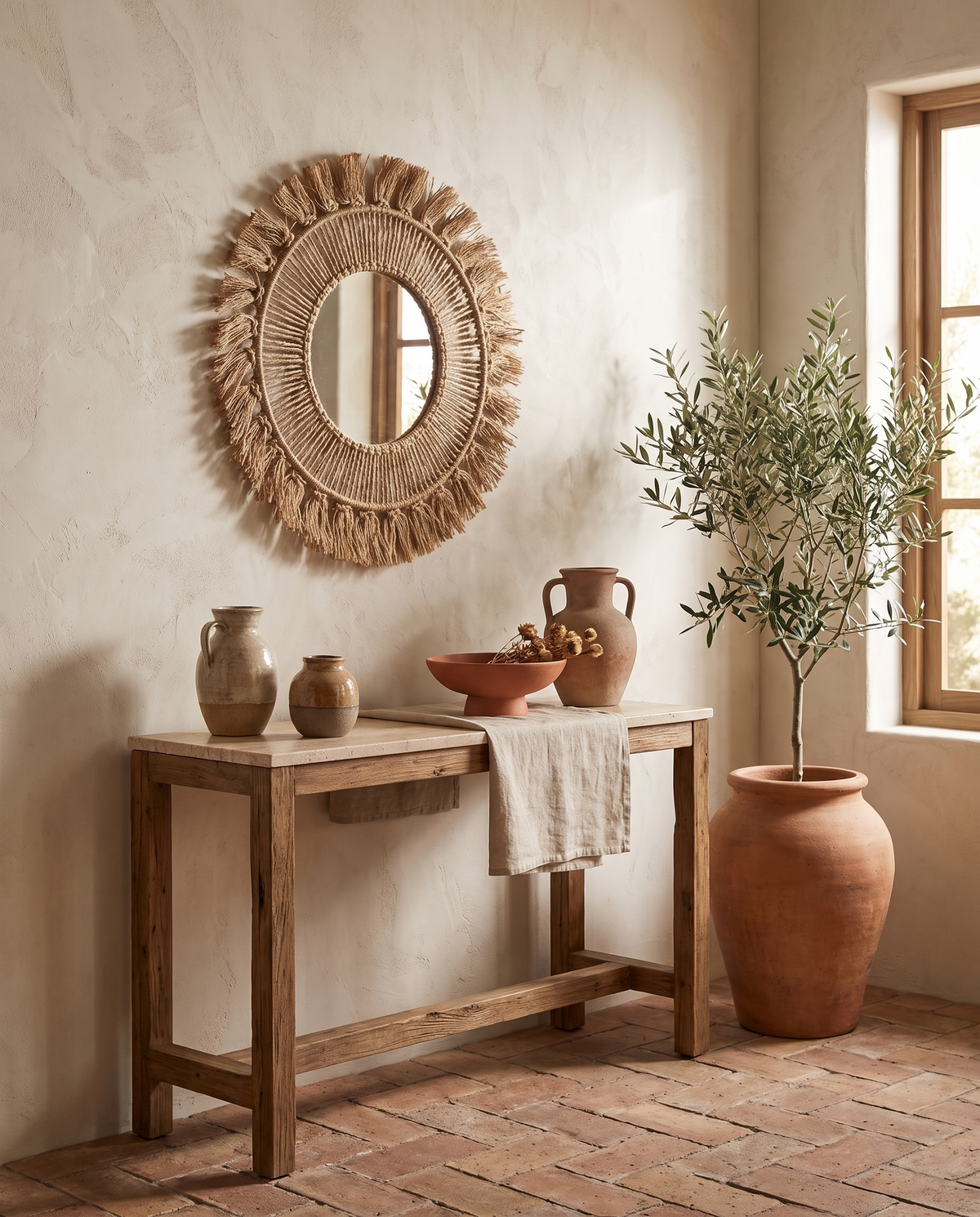 Miroir rond en macramé à franges en situation dans un intérieur