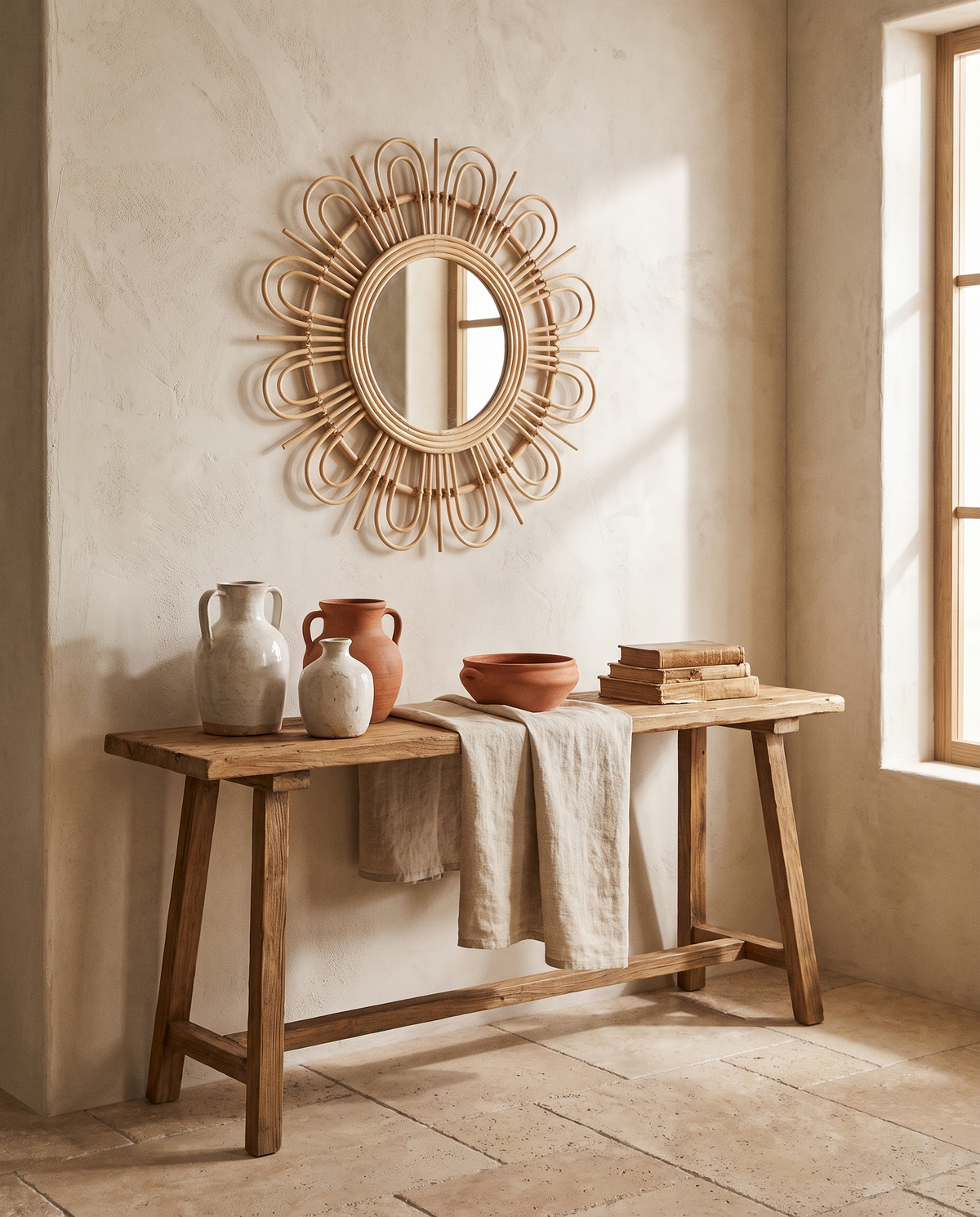 Petit miroir fleur en rotin en situation dans un intérieur