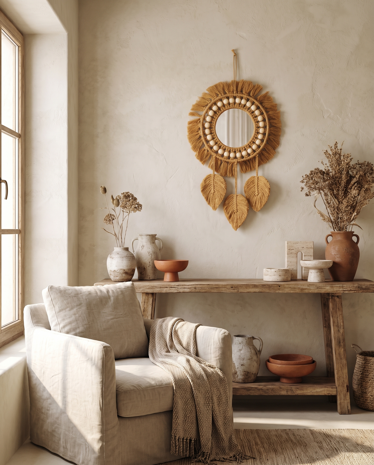 Miroir attrape-rêves en macramé en situation dans un intérieur