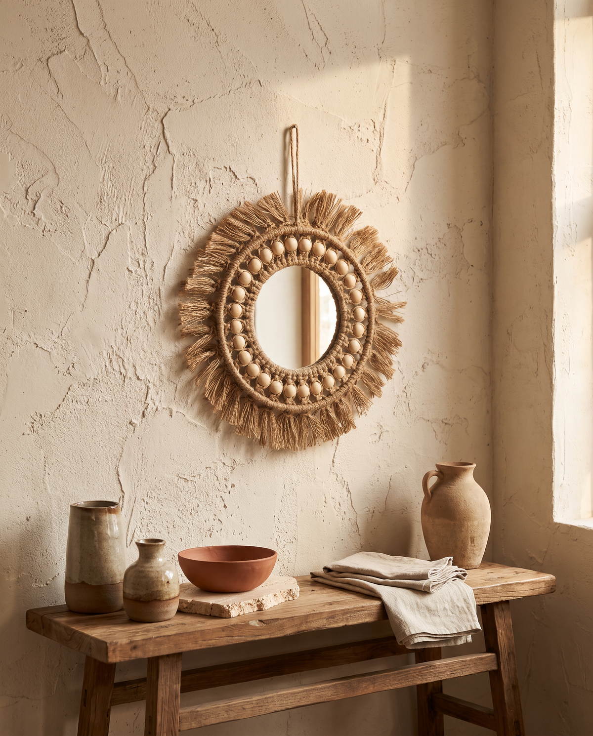 Miroir soleil en macramé et perles en situation dans un intérieur