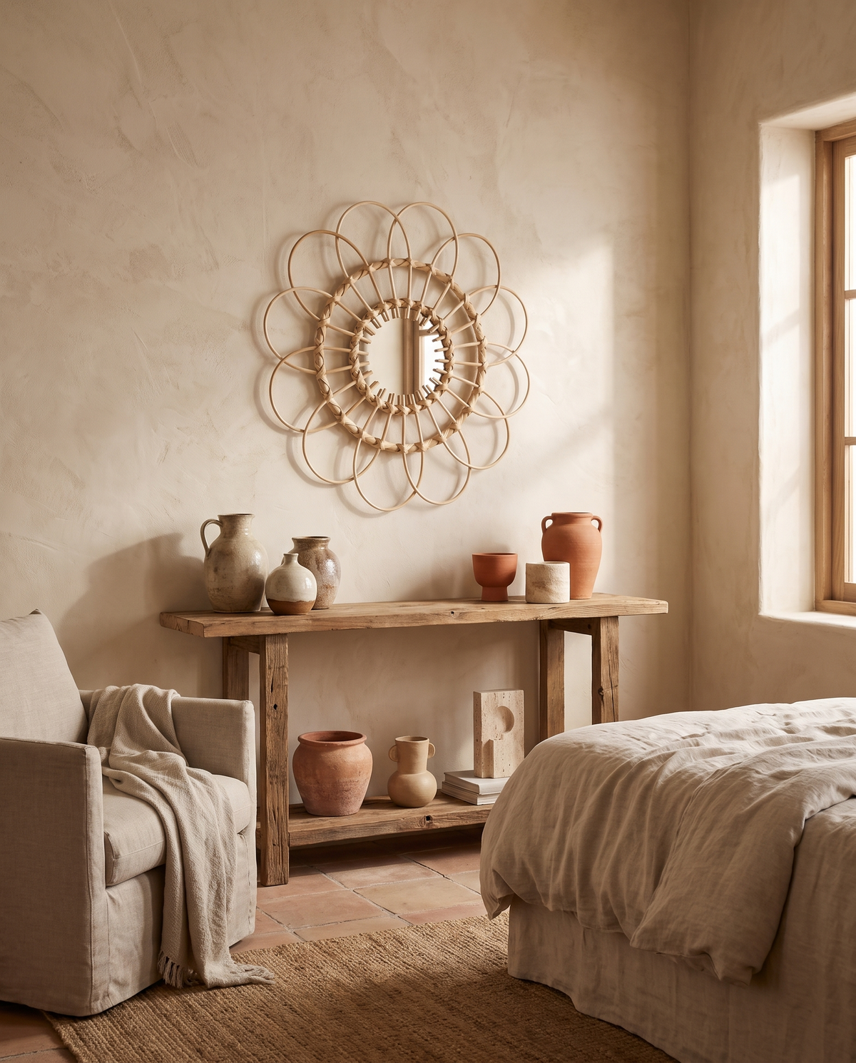 Miroir mural rond en rotin à pétales en situation dans un intérieur