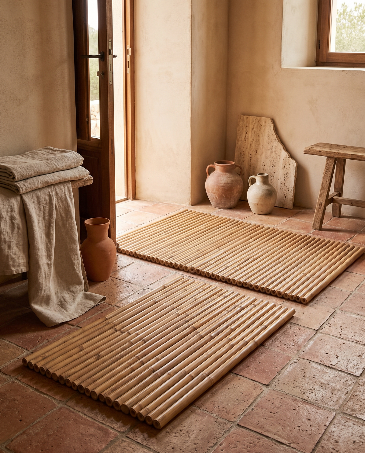 Lot de 2 tapis en bambou naturel en situation dans un intérieur