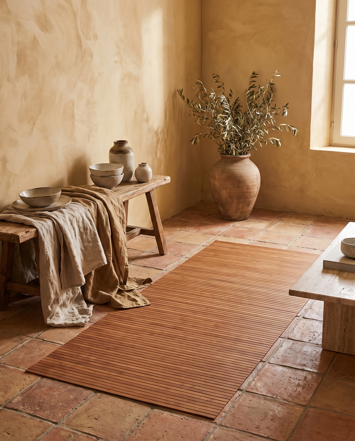 Tapis pliable en bambou en situation dans un intérieur