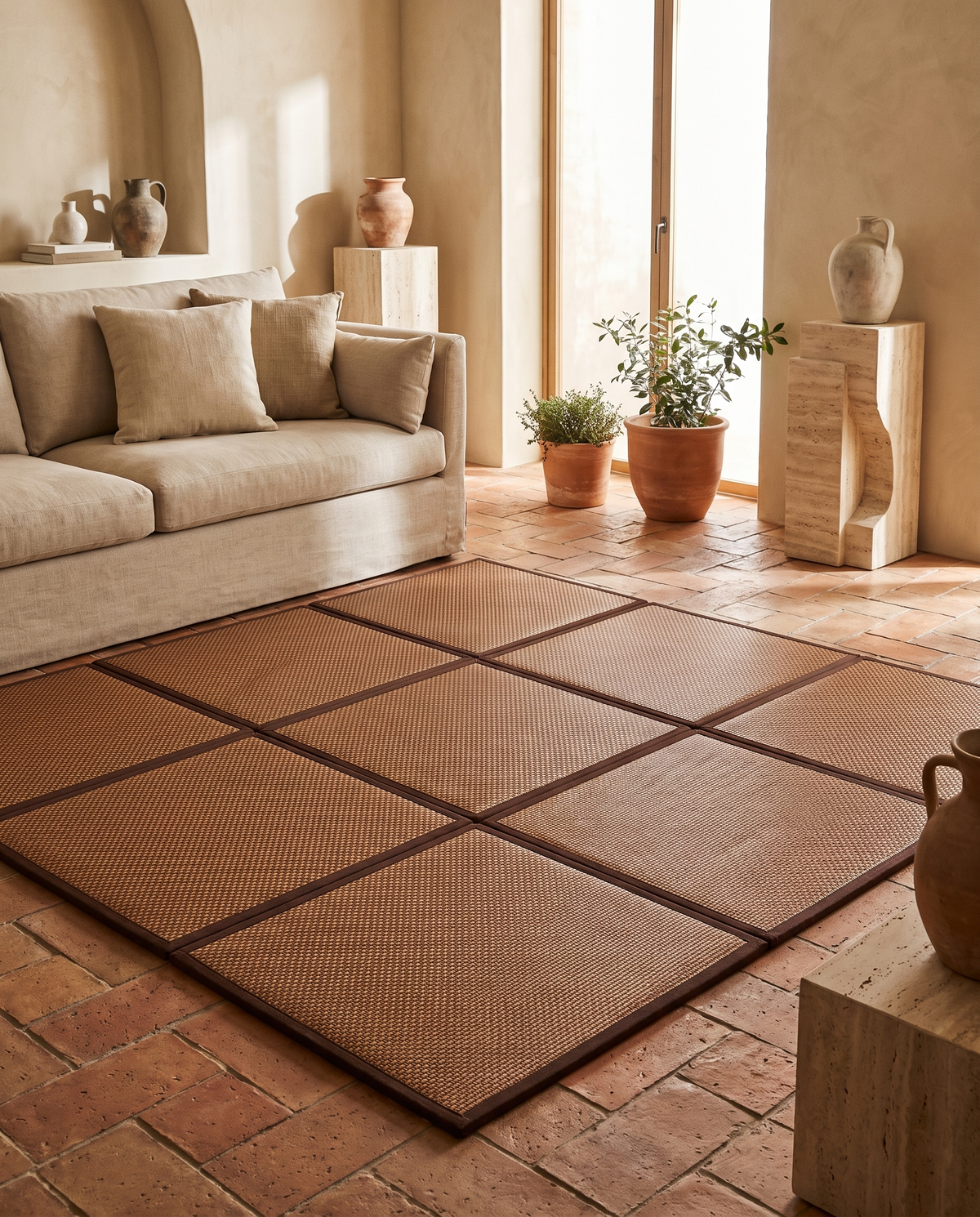 Tapis pliant en fibre de bambou en situation dans un intérieur