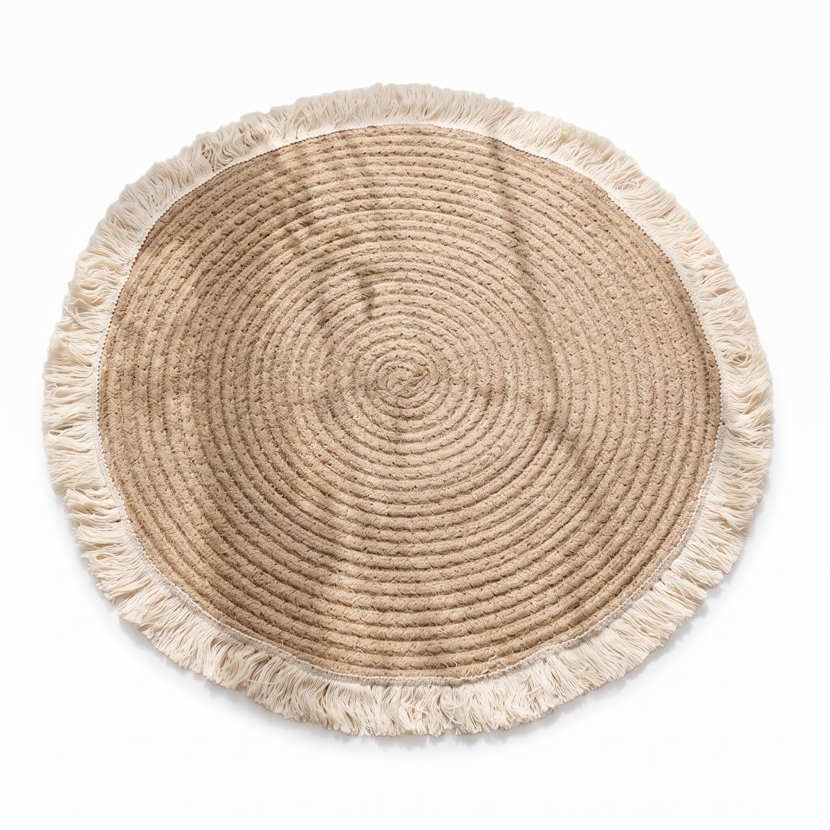 Tapis rond en coton et lin à pompons sur fond blanc
