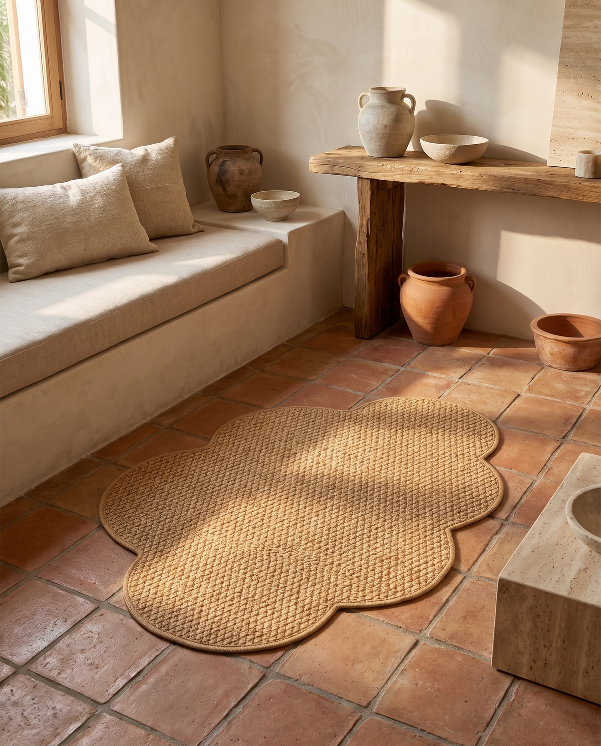 Petit tapis imitation jute en situation dans un intérieur