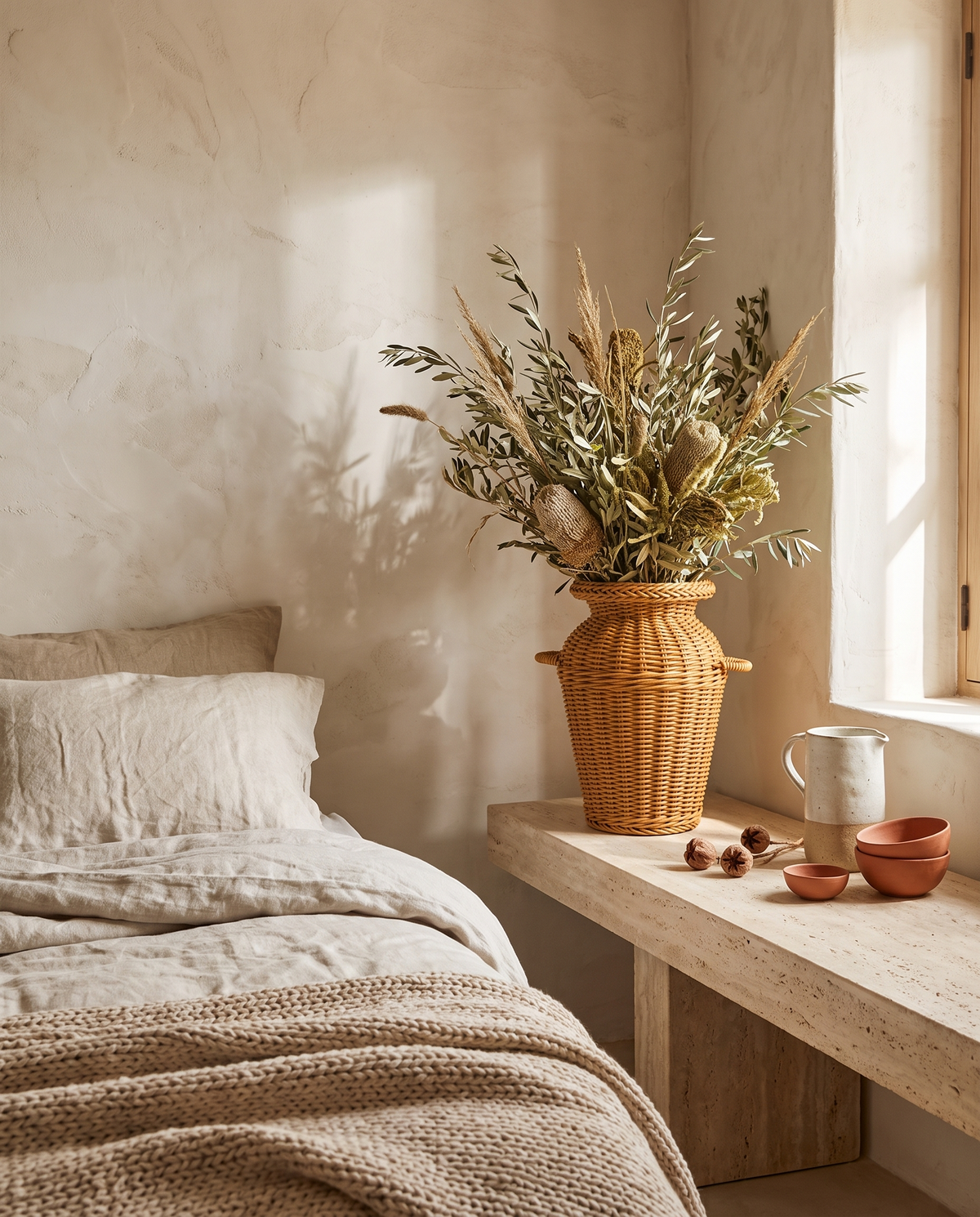Vase décoratif en rotin tressé en situation dans un intérieur