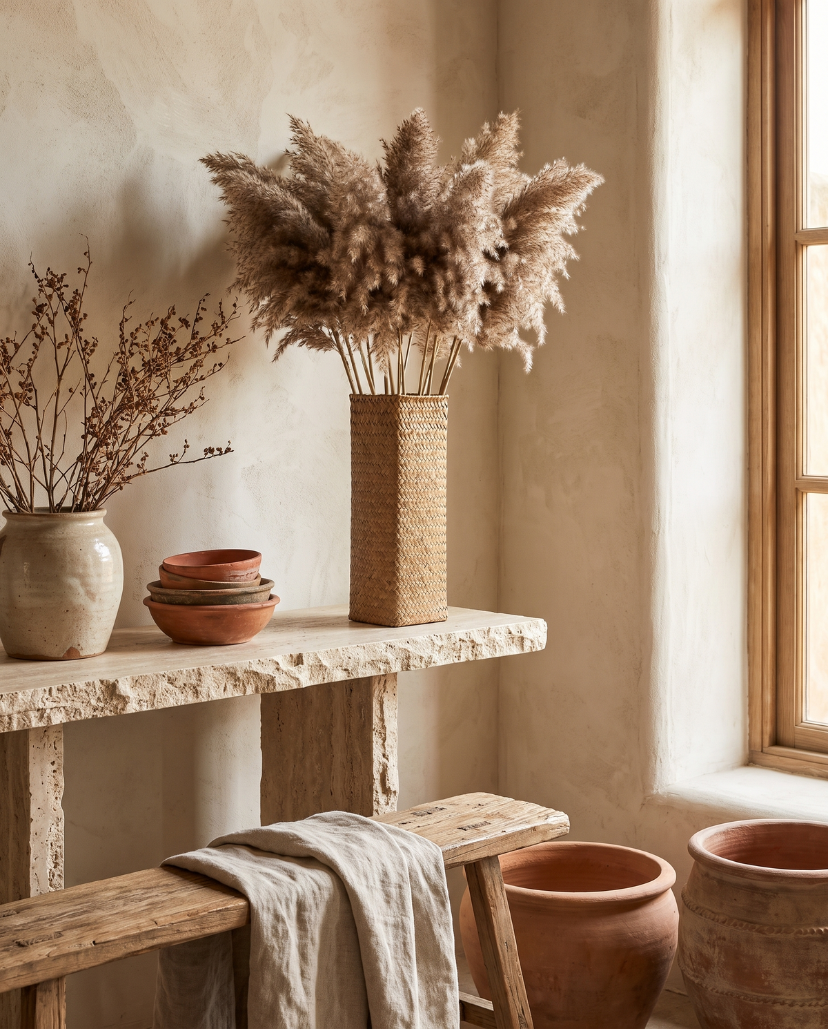 Vase rectangulaire en bambou tressé en situation dans un intérieur