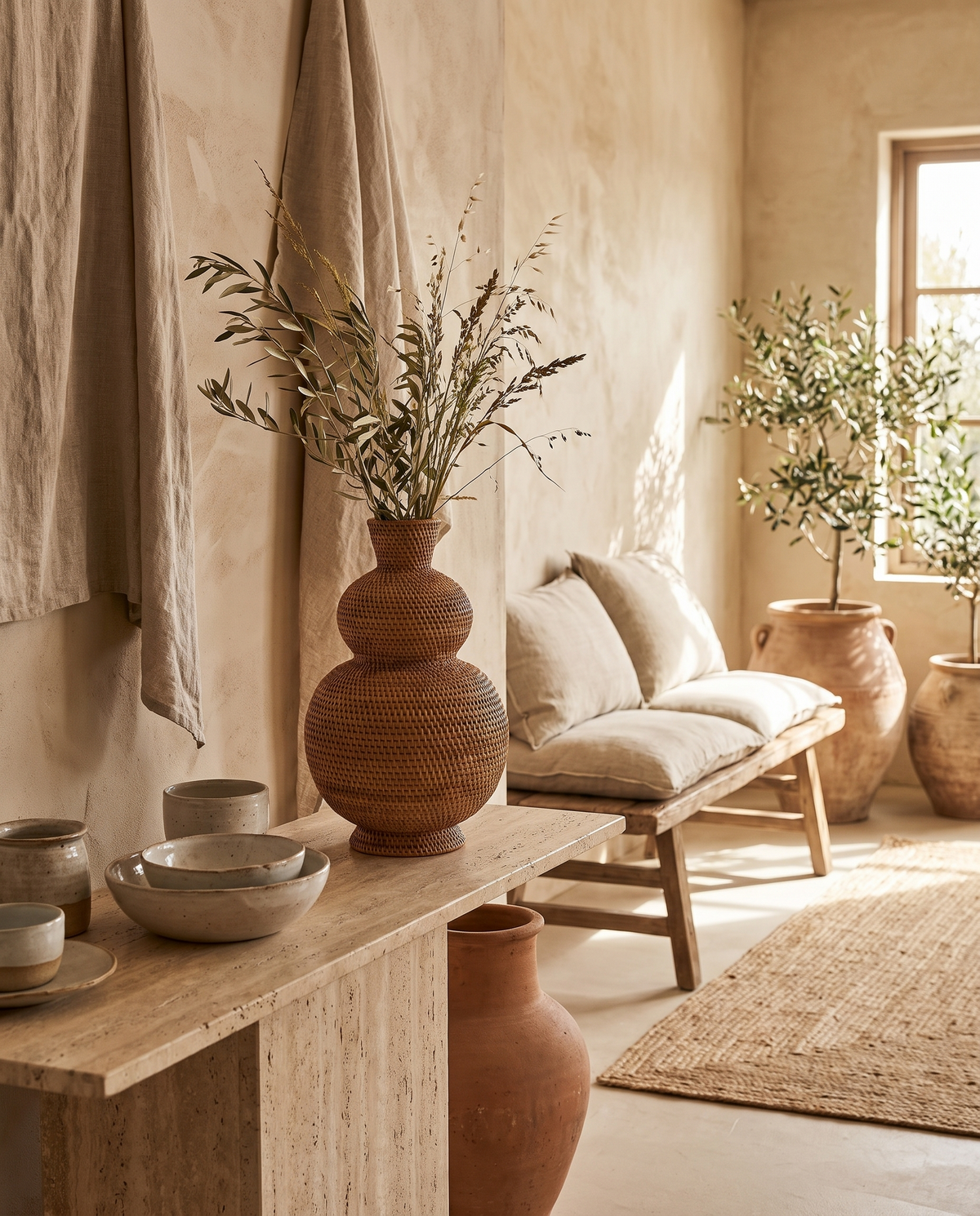 Vase fin en rotin tressé en situation dans un intérieur