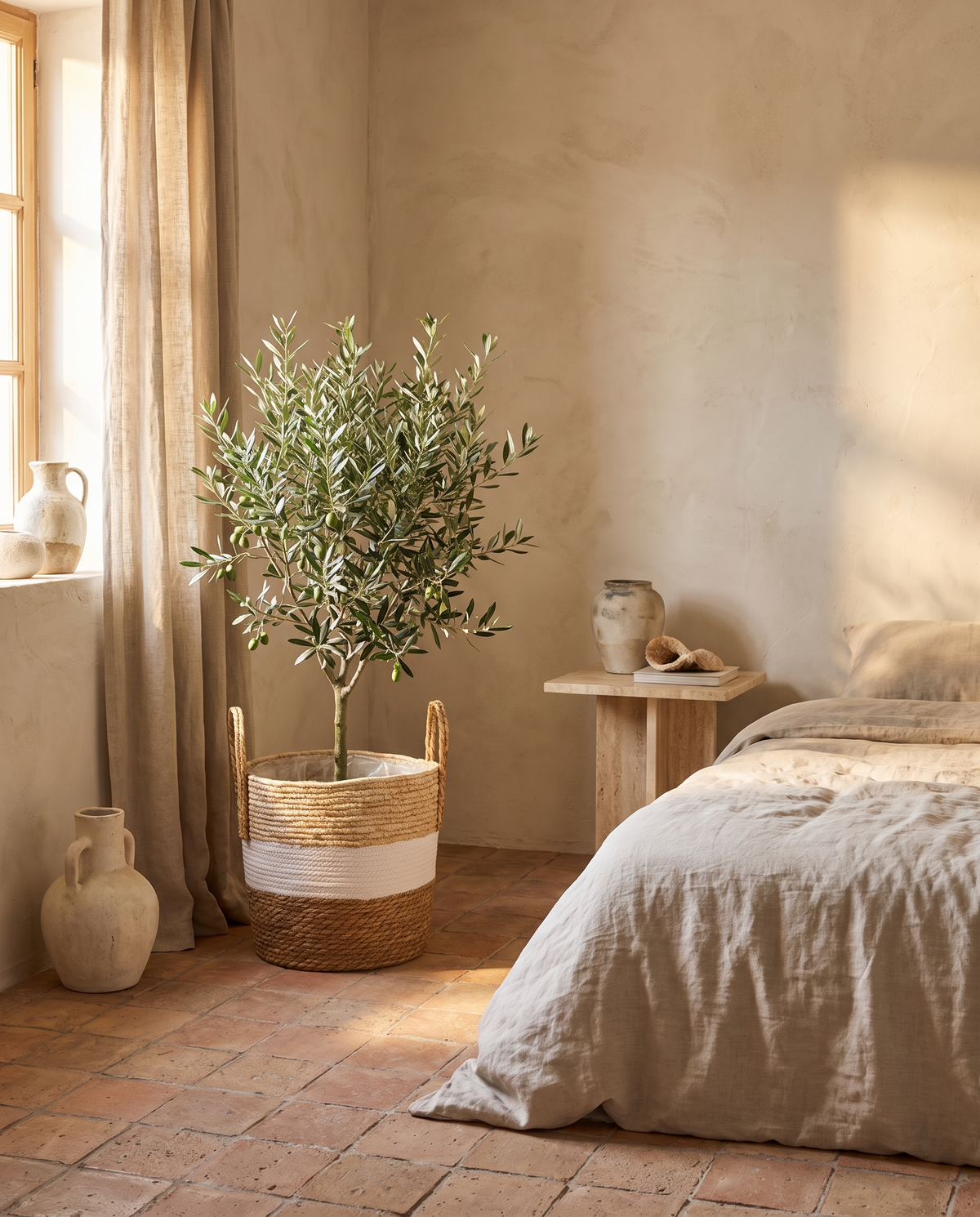 Cache-pot en rotin de forme originale en situation dans un intérieur
