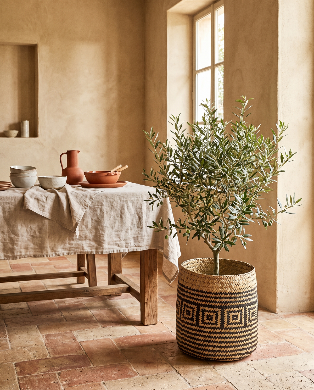 Cache-pot en rotin à motifs géométriques en situation dans un intérieur
