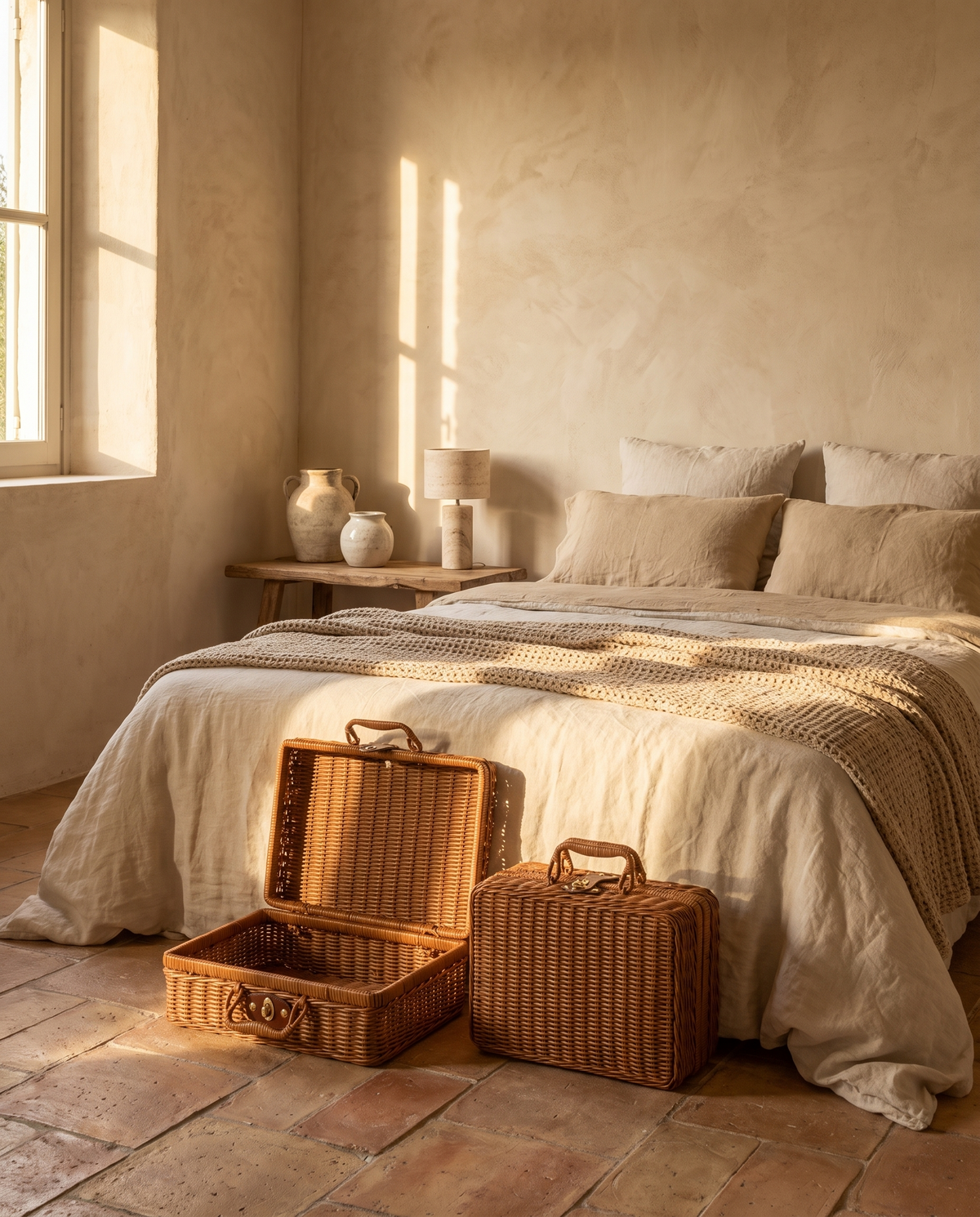 Valisette de rangement en rotin marron en situation dans un intérieur