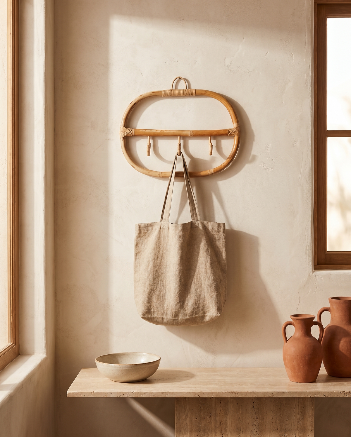 Porte-manteau mural en rotin en situation dans un intérieur