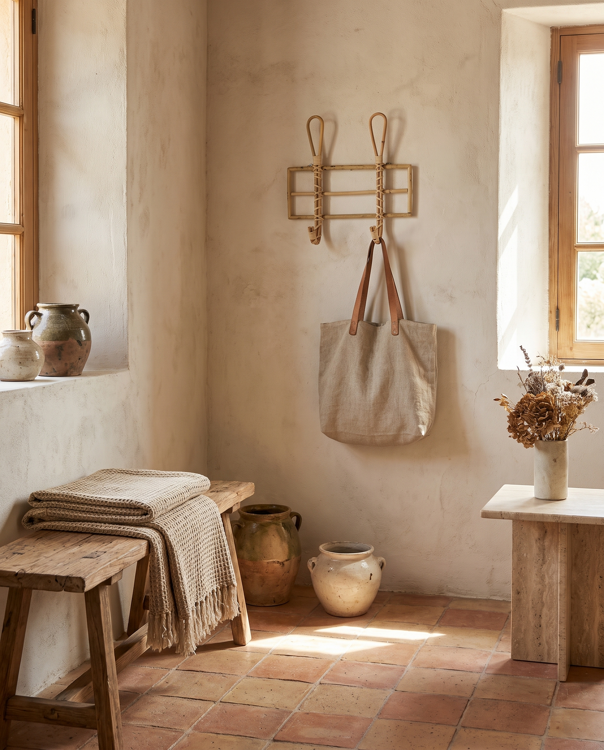 Patère rustique en rotin en situation dans un intérieur