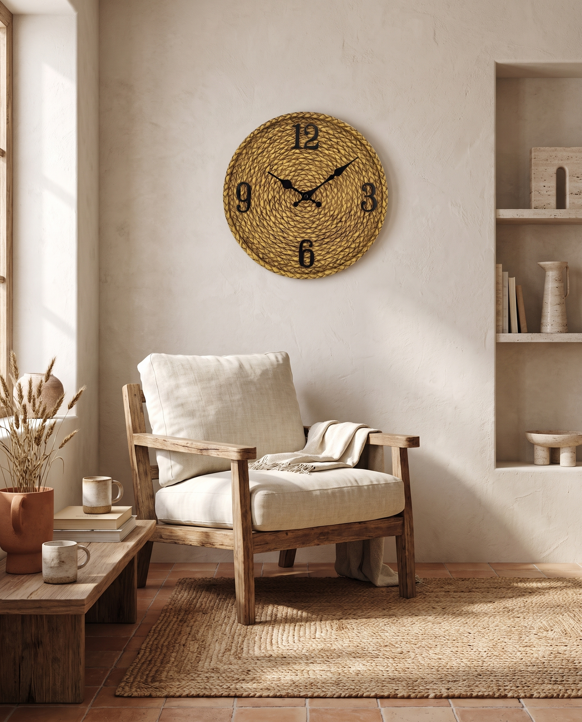 Horloge d'extérieur imitation rotin en résine en situation dans un intérieur