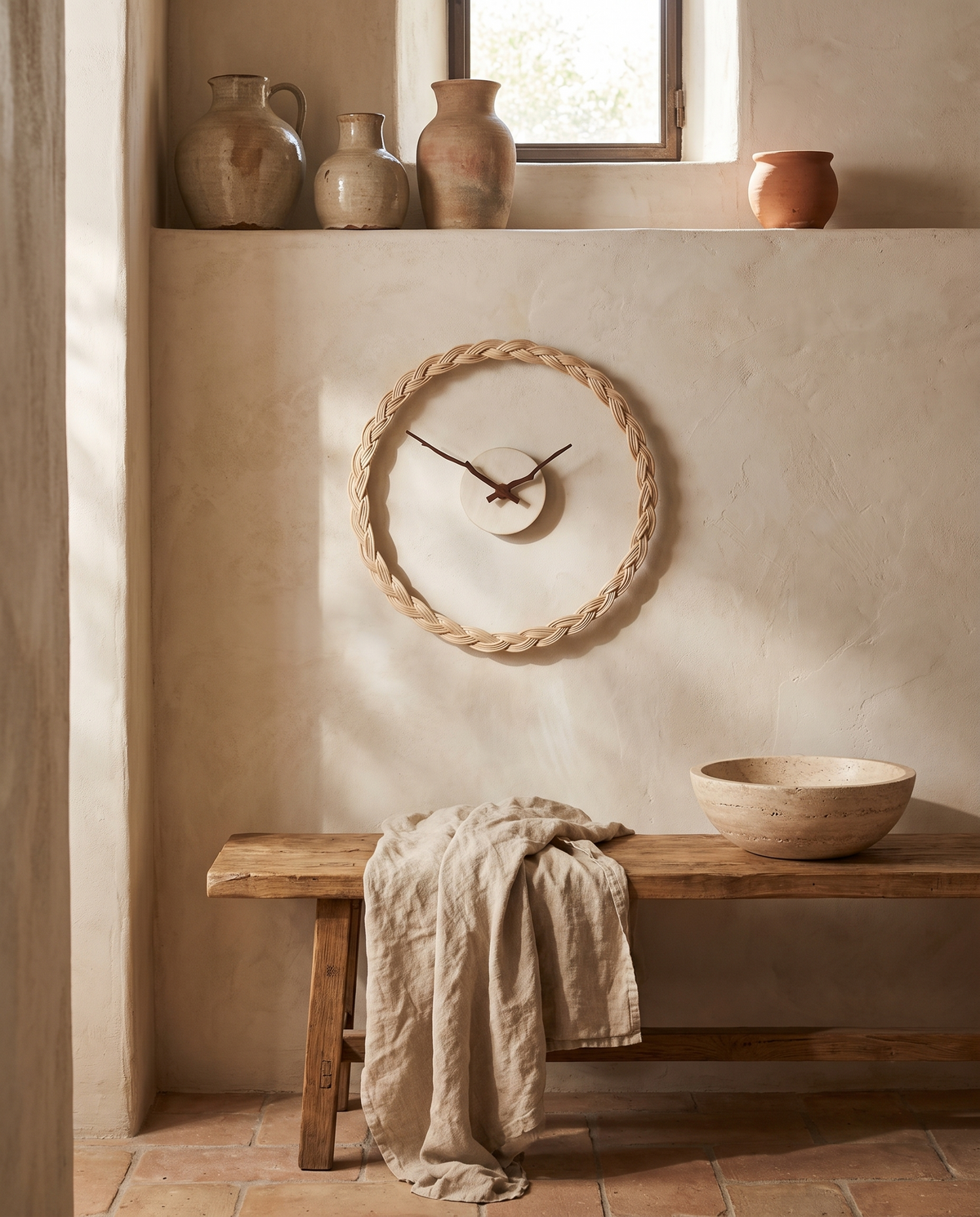 Horloge murale en rotin en situation dans un intérieur