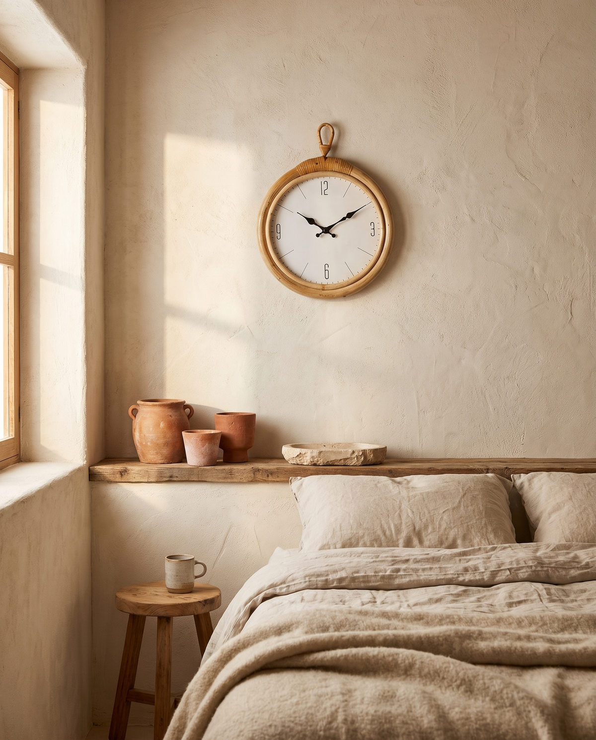 Horloge murale à cadre en rotin en situation dans un intérieur