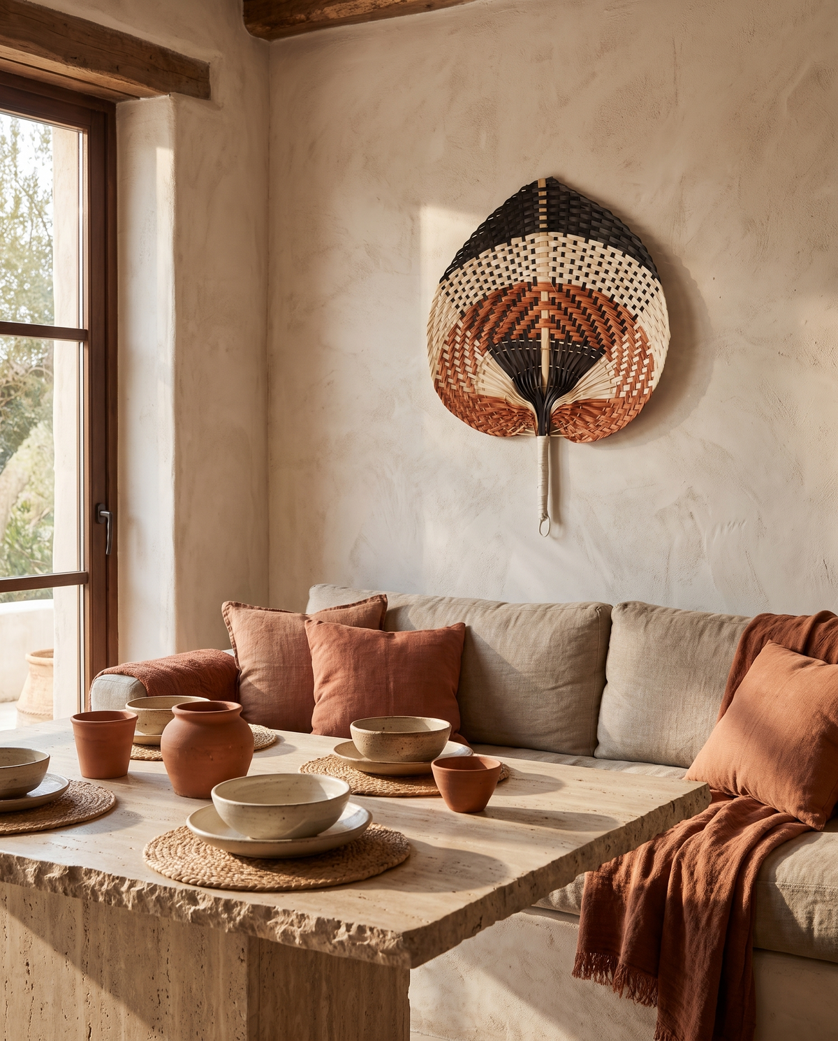 Éventail en rotin tressé en situation dans un intérieur