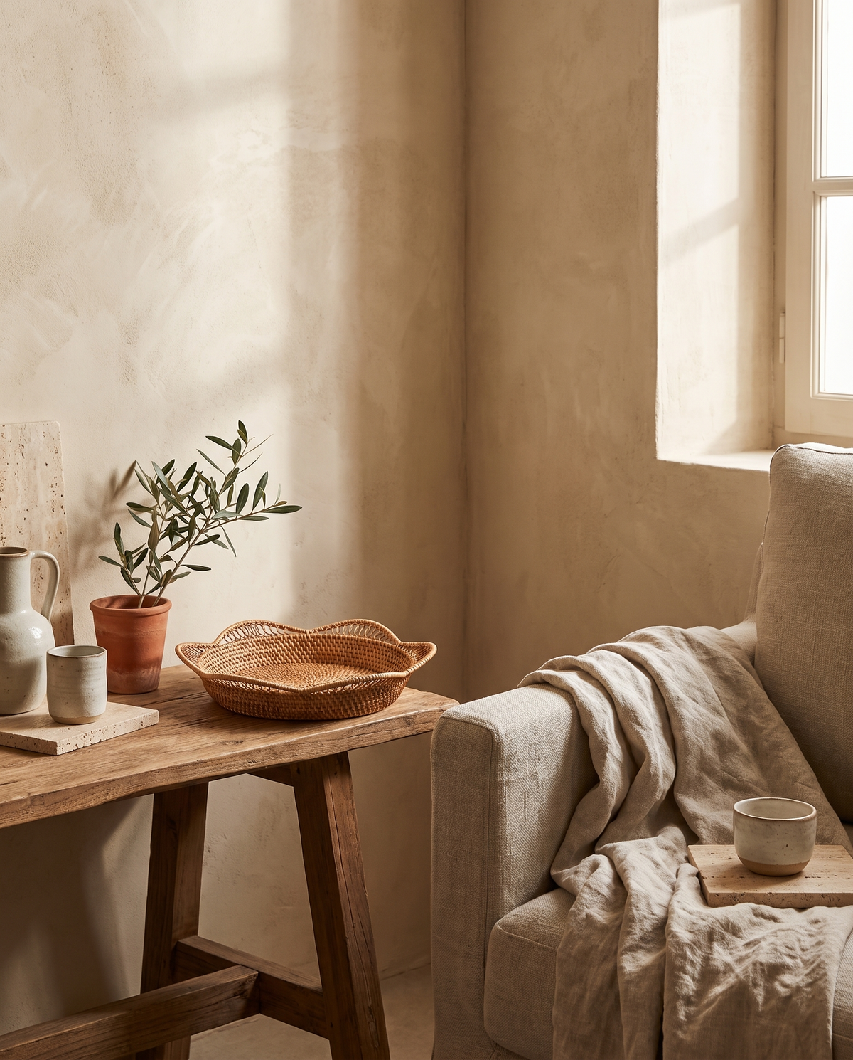 Corbeille de table en rotin en situation dans un intérieur