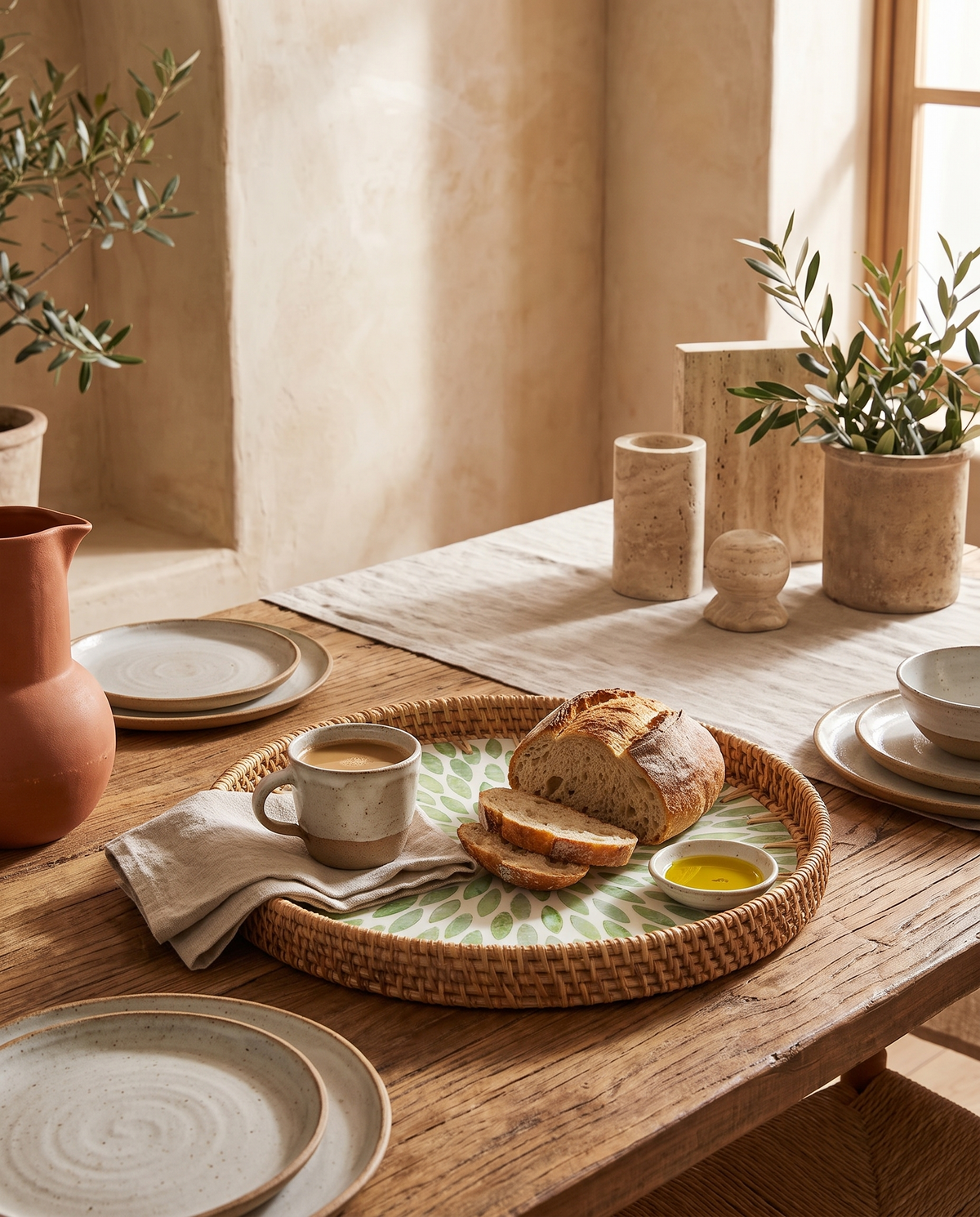 Plateau rond en rotin à motif feuilles en situation dans un intérieur