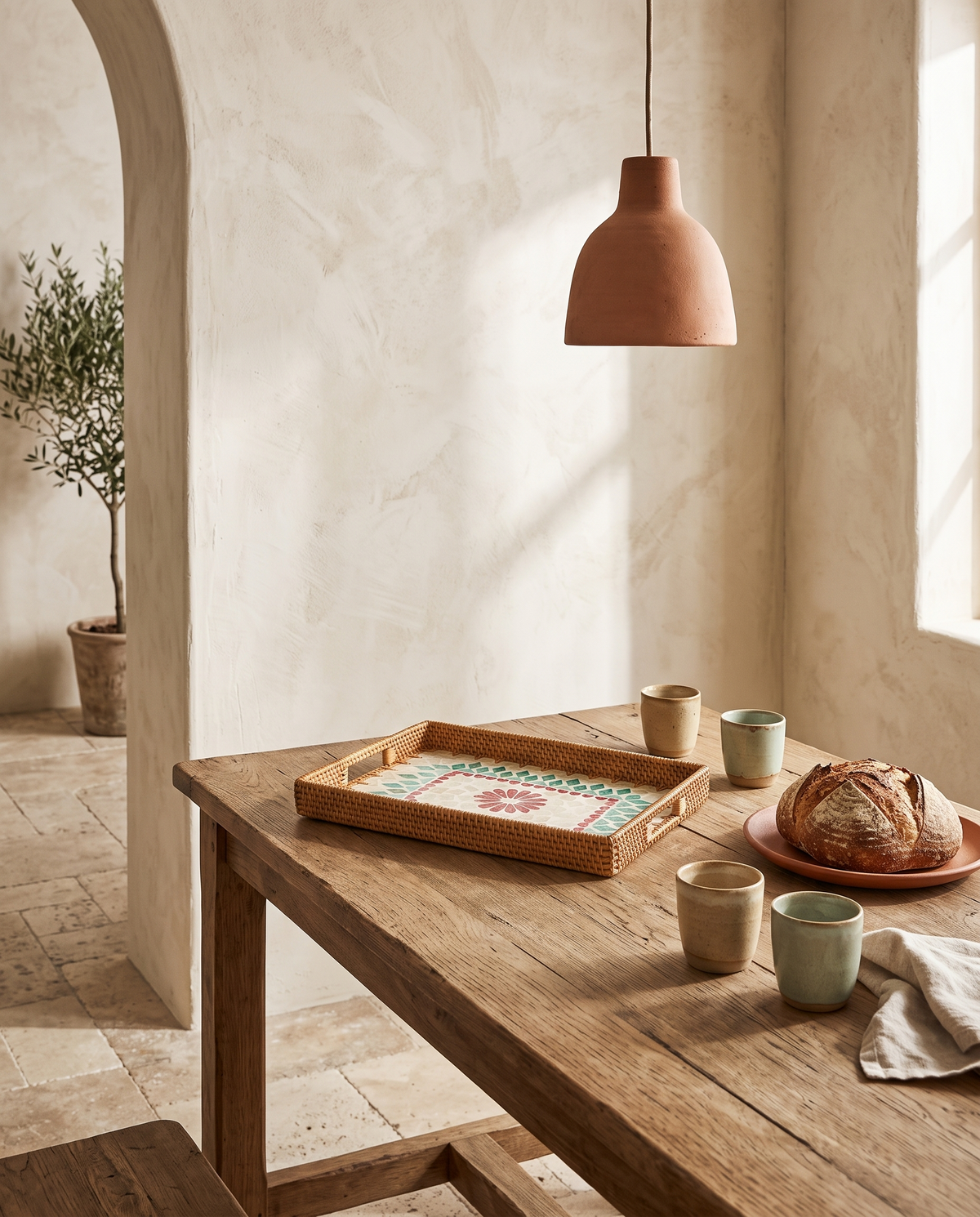 Plateau rectangulaire en rotin en situation dans un intérieur
