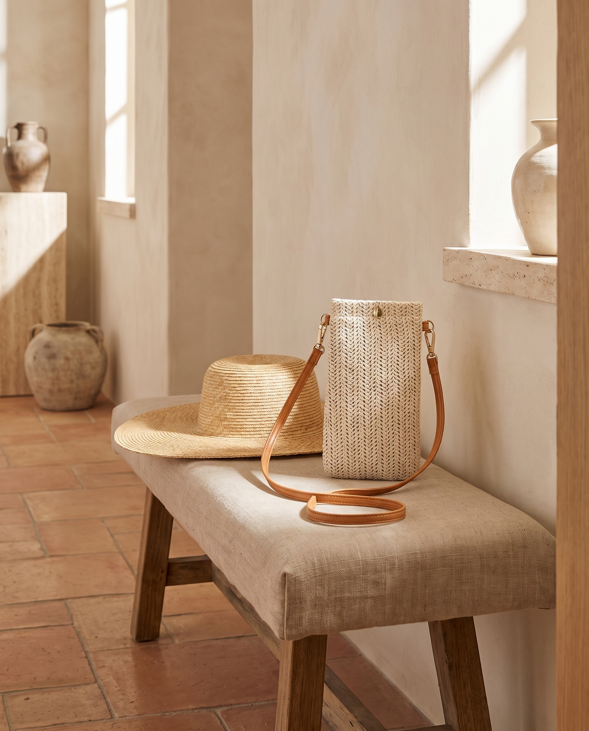 Mini sac bandoulière en rotin beige en situation dans un intérieur