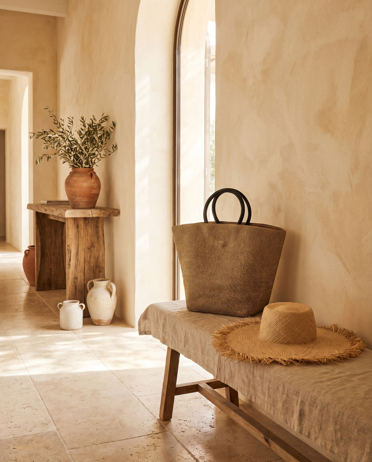 Grand cabas en rotin tressé en situation dans un intérieur