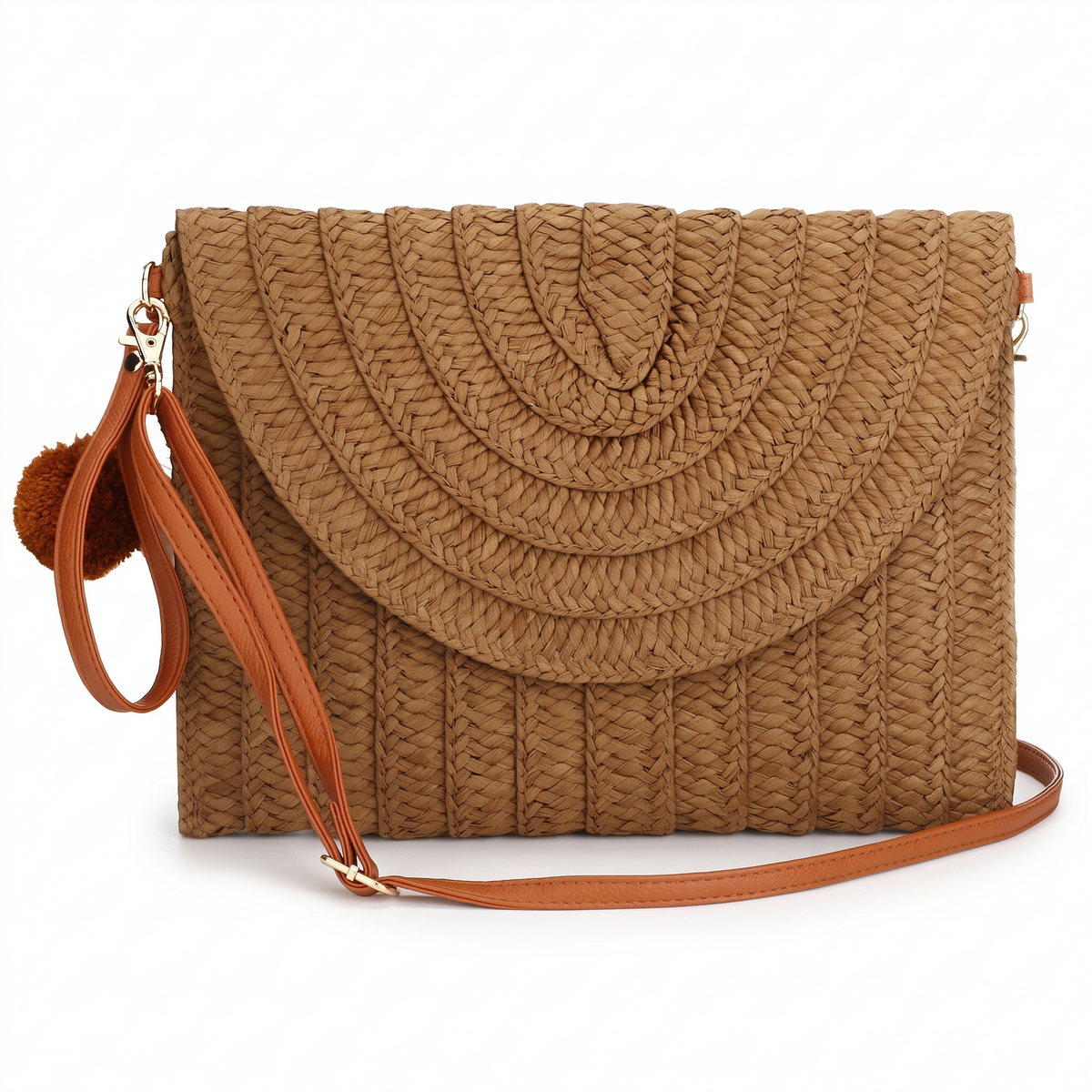 Pochette en paille tressée à motif carré sur fond blanc