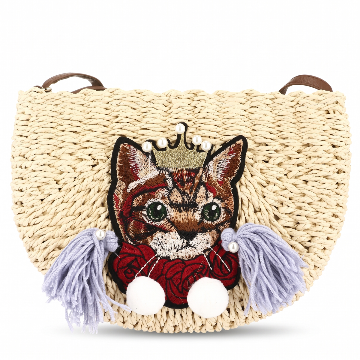 Pochette en paille tressée motif chat sur fond blanc