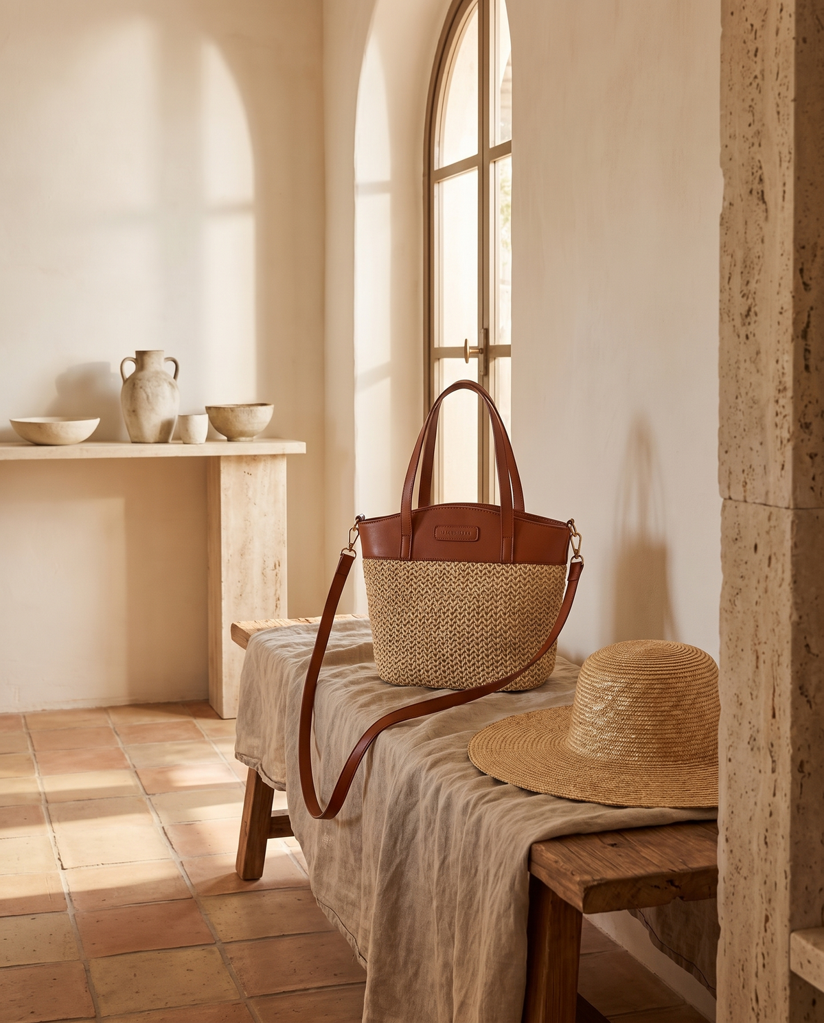 Sac à main en paille et simili cuir en situation dans un intérieur