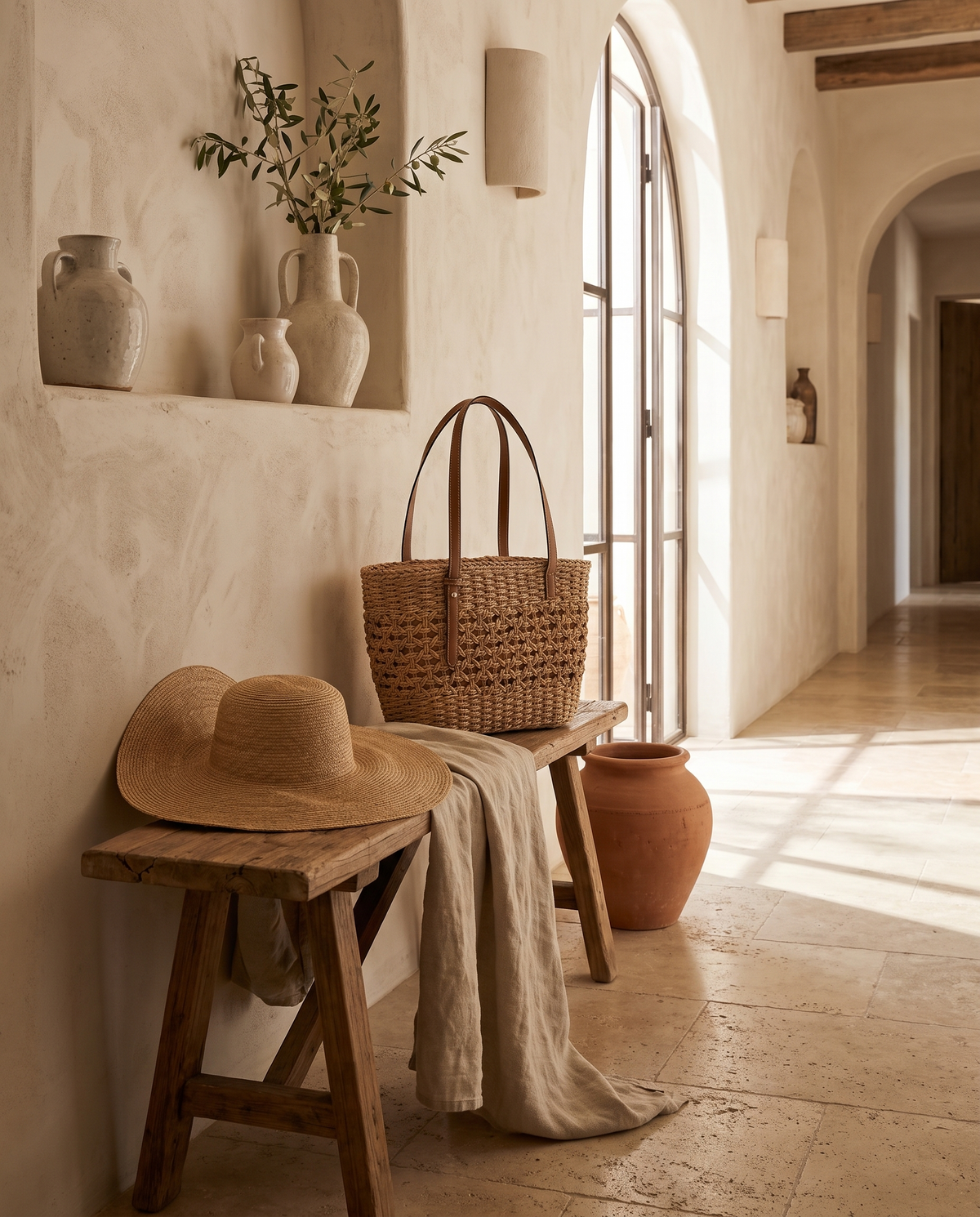 Sac à main en paille marron en situation dans un intérieur