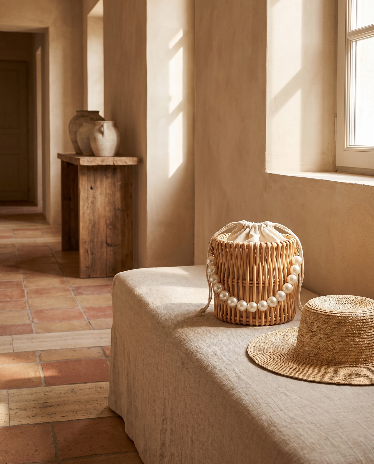 Sac panier en rotin tressé en situation dans un intérieur