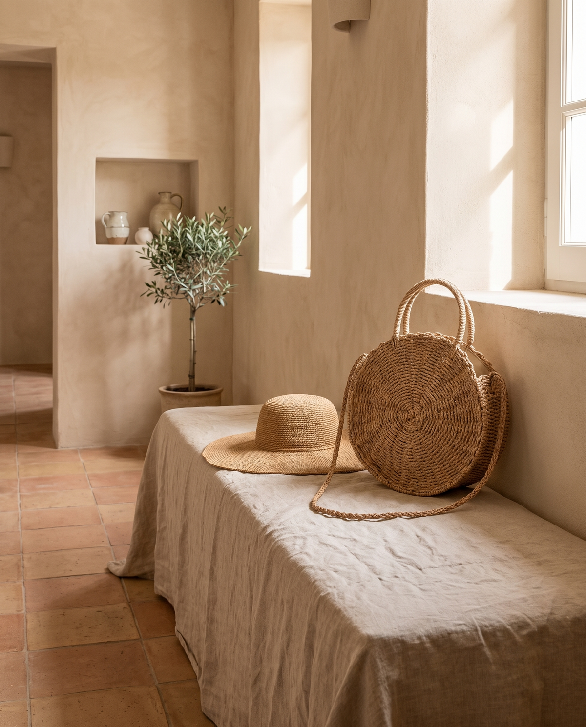 Sac rond en rotin tressé en situation dans un intérieur