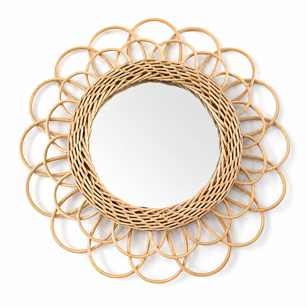 Grand miroir fleur en rotin