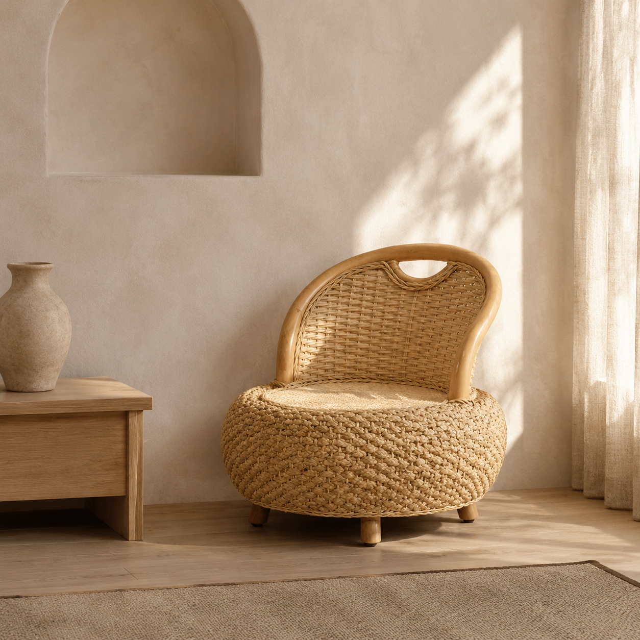 Mini fauteuil bas en rotin beige