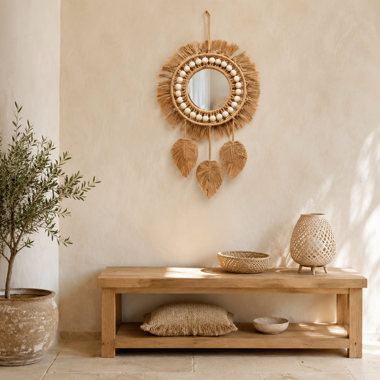 Miroir rural en macramé de coton