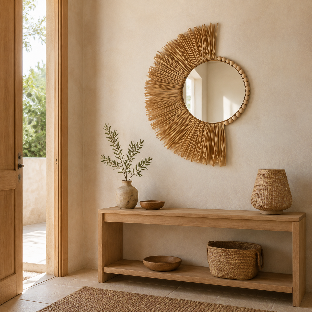Miroir soleil bohème en raphia et perles