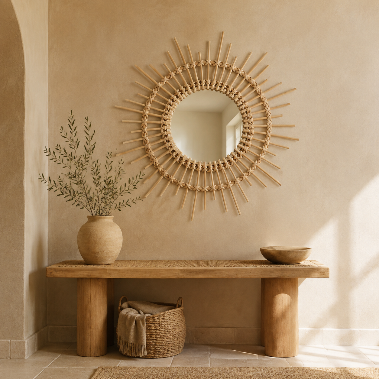 Miroir soleil rayonnant en rotin