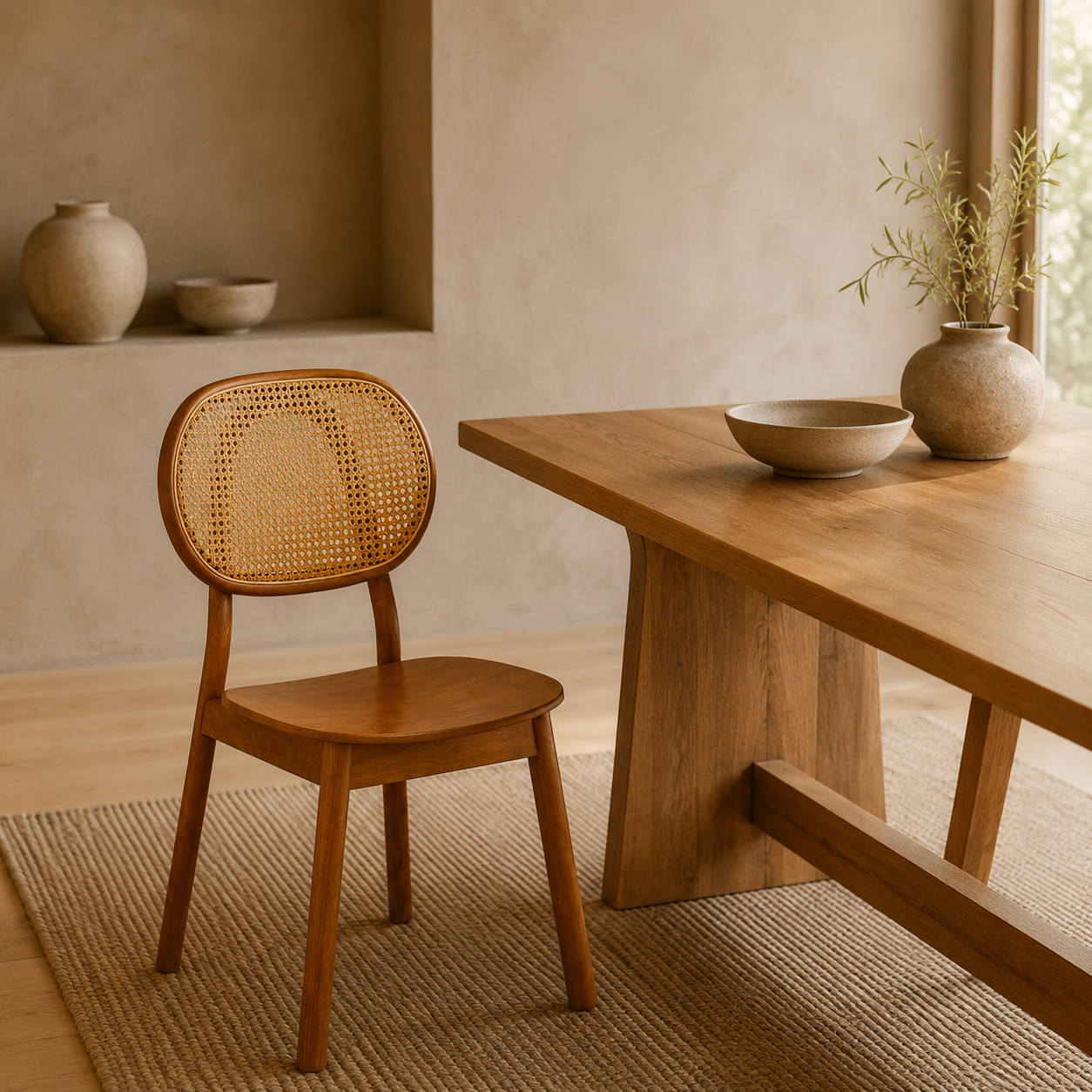 Chaise en rotin et bois marron, style moderne