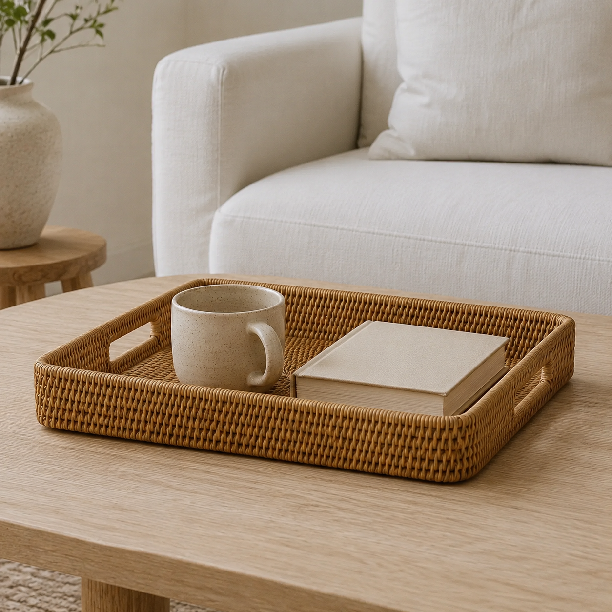 Plateau rectangulaire en rotin, poignées intégrées