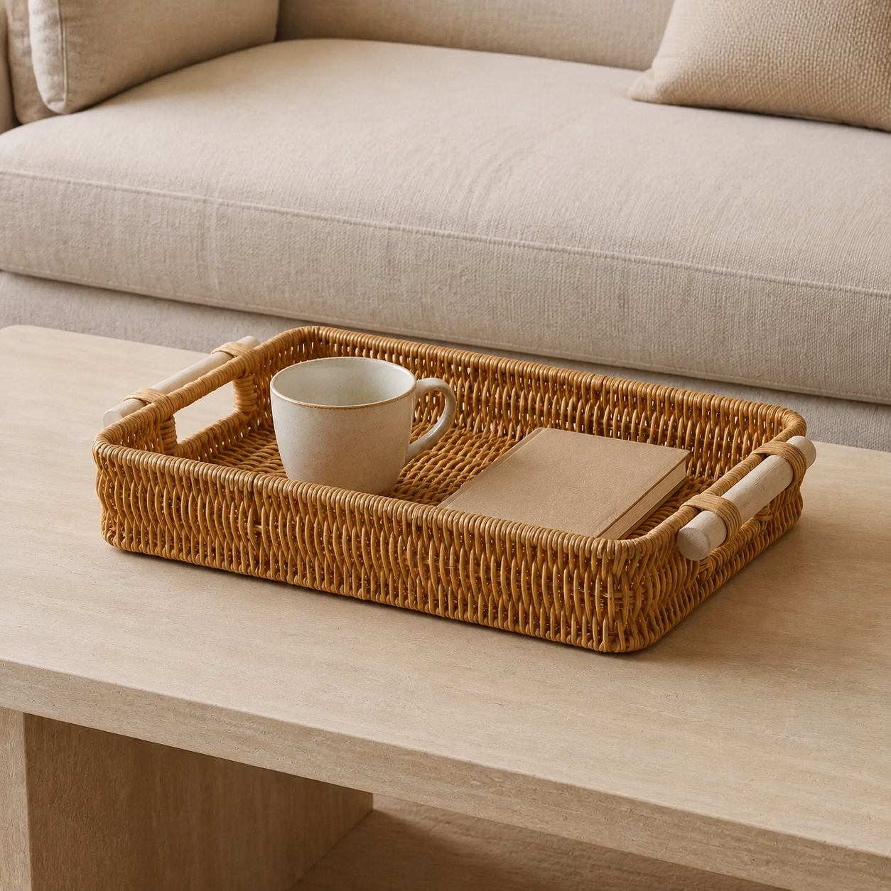 Plateau rectangulaire profond en rotin