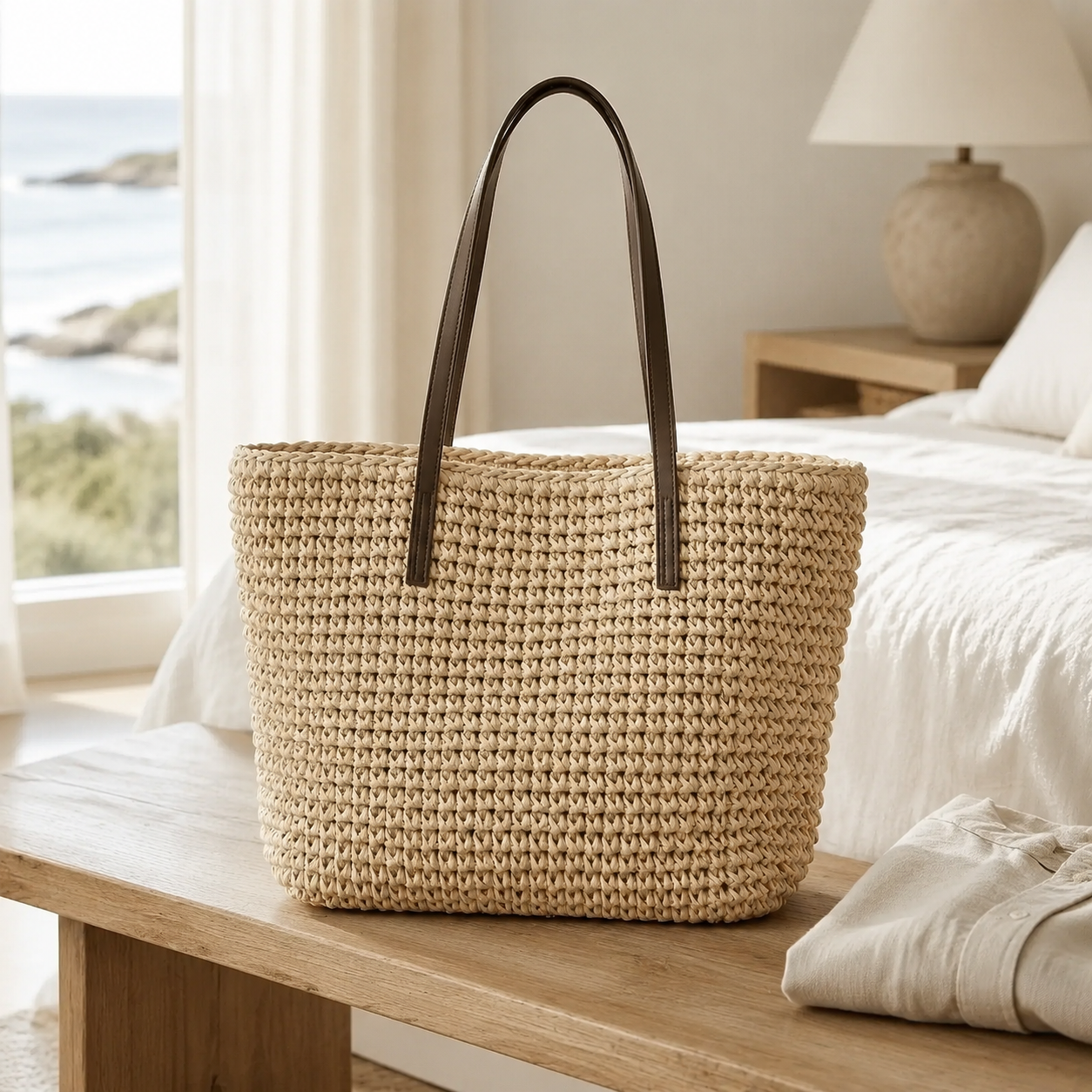 Sac cabas en rotin tressé, grande capacité