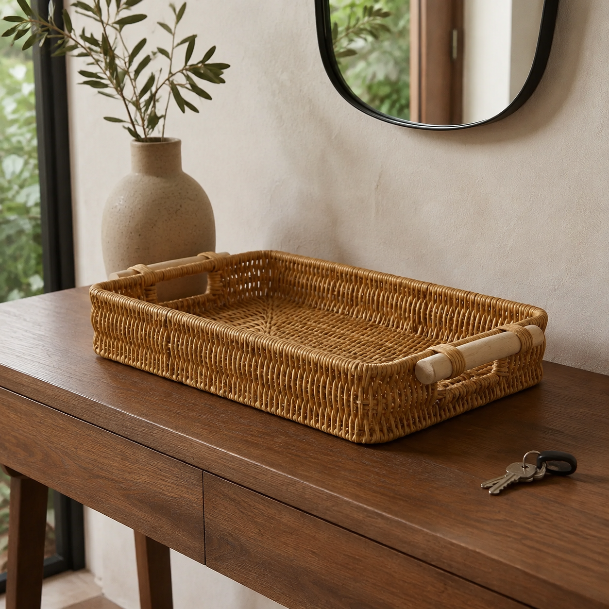 Plateau rectangulaire profond en rotin