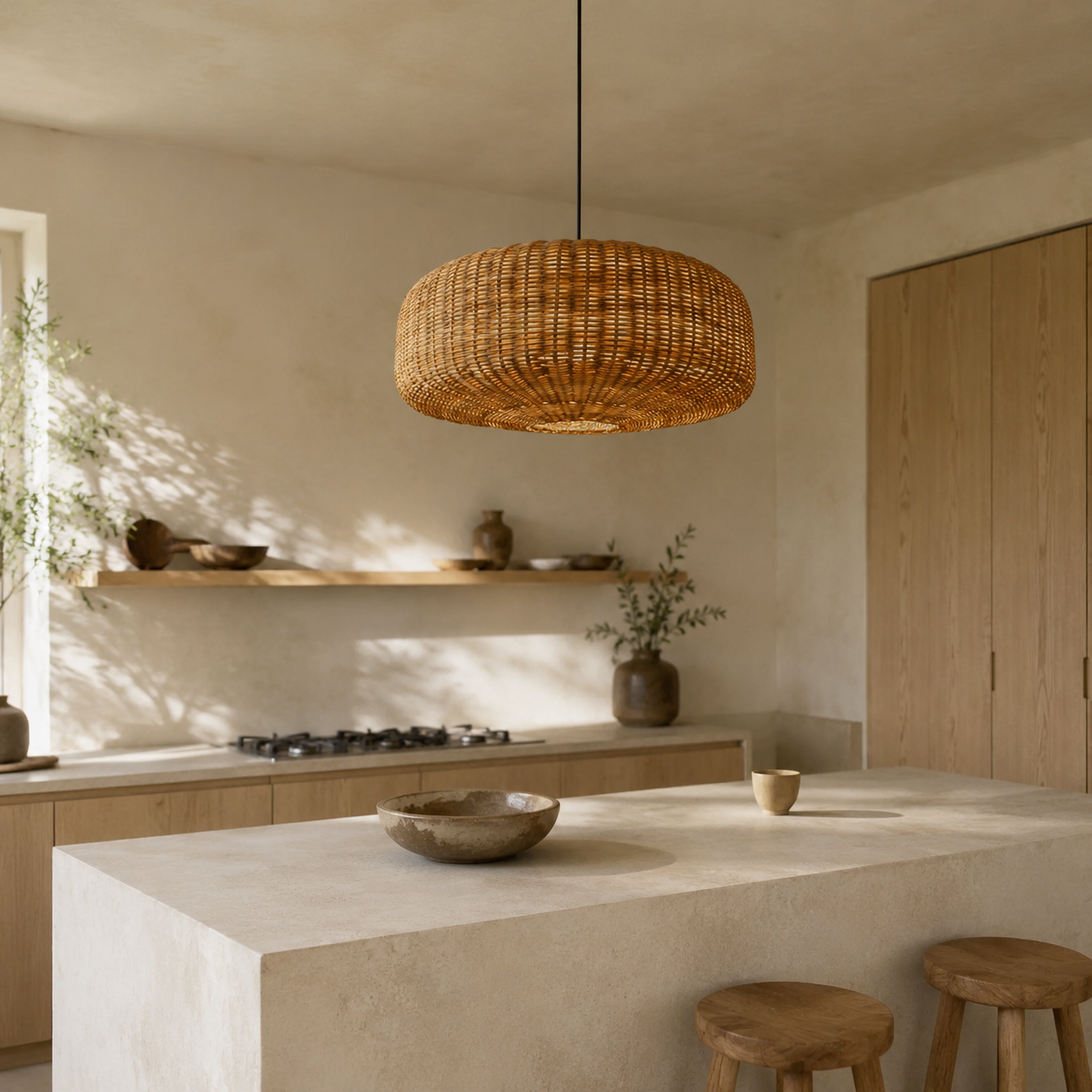 Lampe suspendue chinoise en rotin, design rétro