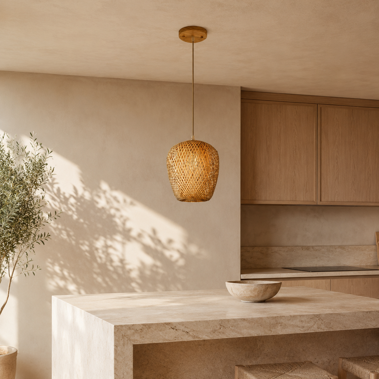 Lustre en rotin en forme d'olive