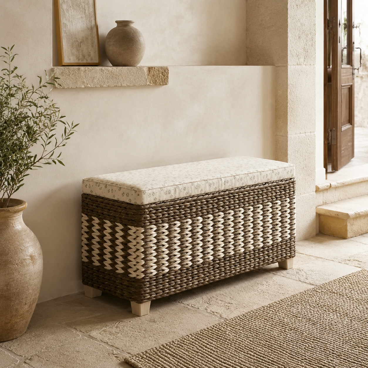 Banc coffre en rotin, assise rembourrée