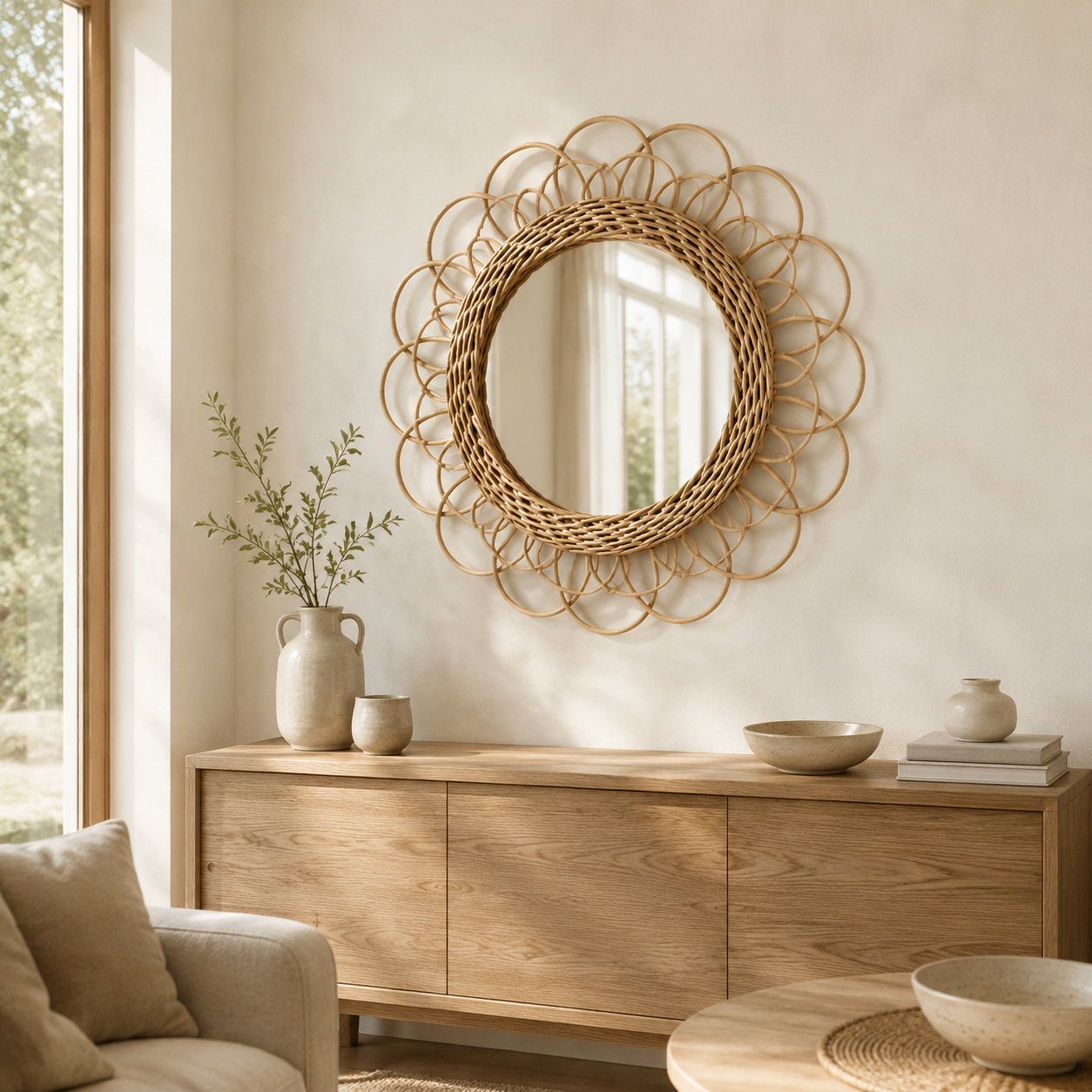 Grand miroir fleur en rotin