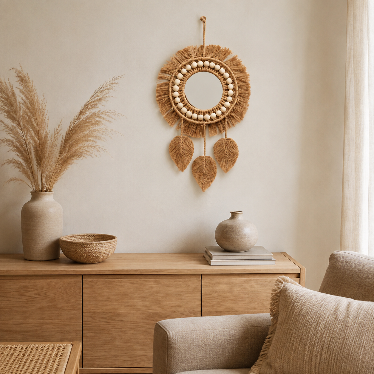 Miroir rural en macramé de coton