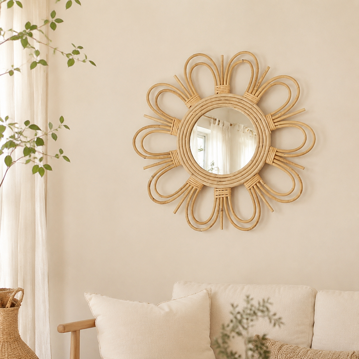 Miroir fleur double en rotin