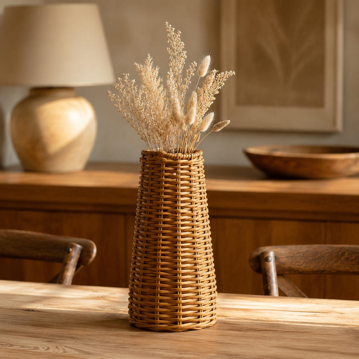 Vase en rotin cylindrique élancé